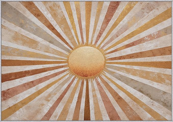 Boho Sun Rug, 6x8 Area Rugs Abstract Striped Bohemian Vintage Pattern for Living Room, Bedroom, Boho Sun Home Decor Accessories Indoor Carpet, Non Slip & Machine Washable
