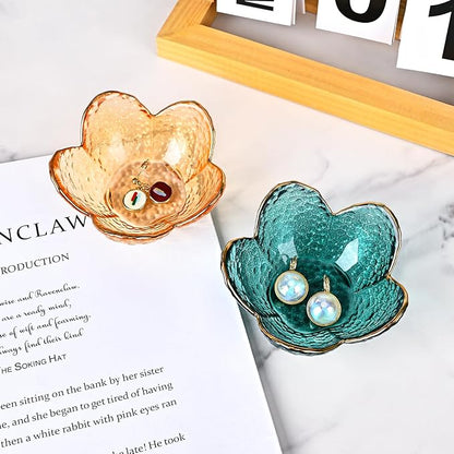 Koythin 3-Piece Glass Jewelry Tray, Small Trinket Holder for Necklace Bracelet Earring, Ring Holder for Bathroom, Aesthetic Trinket Dish, Flower Nightstand Decor for Girl Mom Women (Green)