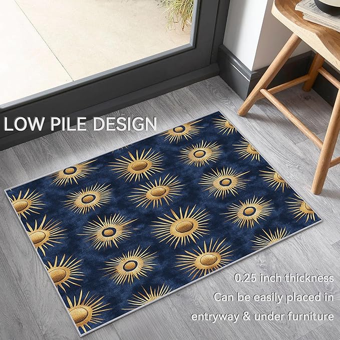 Sun Rug for Kids Room - Abstract Sun Rug, 7x9 Rug, Minimalist Boho Area Rug & Room Decor, Gold Navy Blue Carpet & Home Decor, Washable Non Slip Anti Skid Rugs
