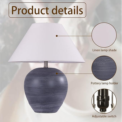 Pia Ricco 21'' Medium Size Black Glossy Ceramic Base Ceramic Basin Table Lamp for Bedroom, Living Room, Dining Room, Office, White Shade,White Striped Black Base