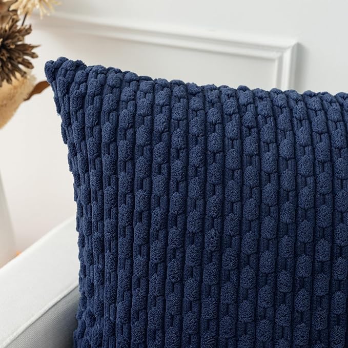 Kevin Textile 16x24 Inch Pillow Cover 1 Pack Boho Decorative Soft Striped Corduroy Lumbar Farmhouse Color Accent Rectangle Cushion Case for Living Room Couch Sofa Bed, Navy Blue