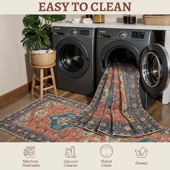 Tangsoo 6x9 Area Rug Washable Rugs for Living Room, Oriental Indoor Non Slip Large Area Rugs, Vintage Print Carpet, Soft Low Pile Foldable Floor Rug for Bedroom Dining Room Dorm Terracotta