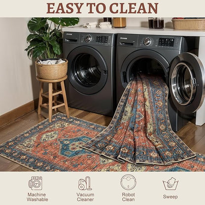 Tangsoo 6x9 Area Rug Washable Rugs for Living Room, Oriental Indoor Non Slip Large Area Rugs, Vintage Print Carpet, Soft Low Pile Foldable Floor Rug for Bedroom Dining Room Dorm Terracotta