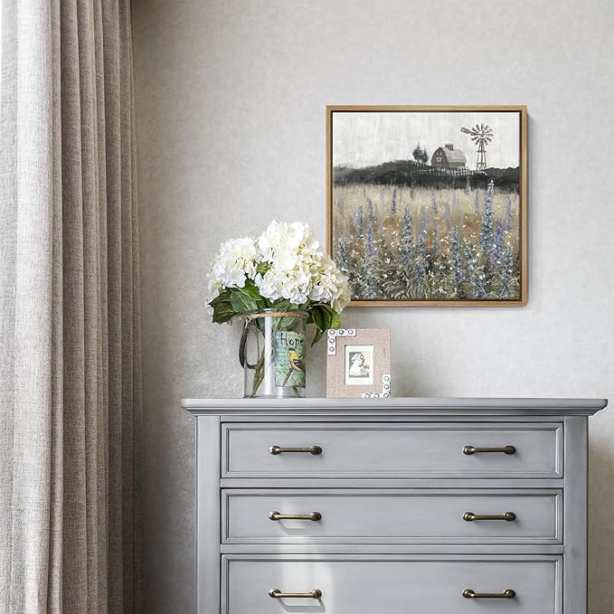 Framed Wall Art Vintage Classical Farmhouse Painting Rustic Countryside Wildflower Field Nature Meadow Landscape Retro Windmill Barn Canvas Print Wilderness Artwork for Bedroom Living Room 14"W x 14"H