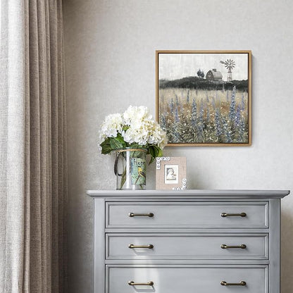 Framed Wall Art Vintage Classical Farmhouse Painting Rustic Countryside Wildflower Field Nature Meadow Landscape Retro Windmill Barn Canvas Print Wilderness Artwork for Bedroom Living Room 14"W x 14"H