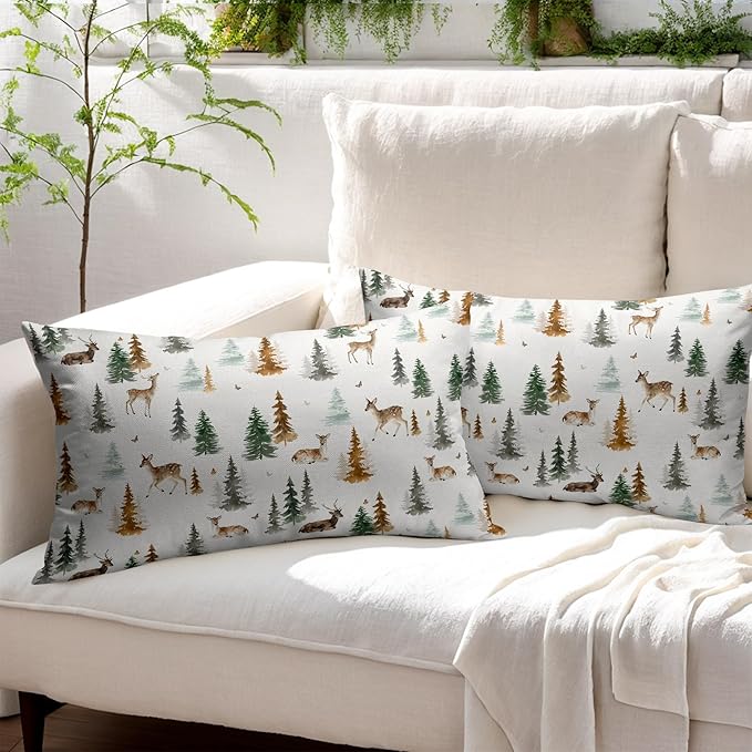 Watercolor Deer Spring Pillow Covers 12x20 Set of 2 Forest Tree Throw Pillow Covers Rustic Pillowcase Linen Decoration Farmhouse Soft Decorative Green Brown Cushion Case Couch for Indoor Home Decor