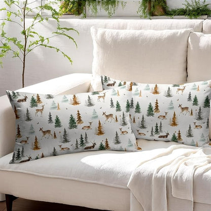 Watercolor Deer Spring Pillow Covers 12x20 Set of 2 Forest Tree Throw Pillow Covers Rustic Pillowcase Linen Decoration Farmhouse Soft Decorative Green Brown Cushion Case Couch for Indoor Home Decor