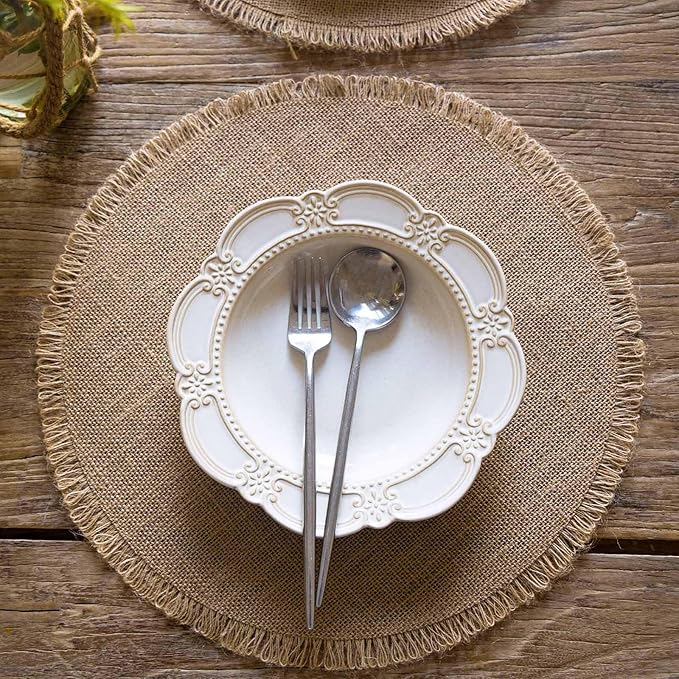 FunWheat Burlap Round Braided Placemats Set of 12 for Dining Tables 15 Inch Heat Resistant Jute Table Mats Farmhouse Woven Fabric Natural Place mats for Fall Decoration (Twine Circle)