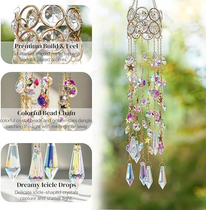 H&D HYALINE & DORA 15.5 Inch Crystal Suncatcher Hanging Window Sun Catcher with Colorful Beads Chain Gold-Plated Rainbow Maker for Indoor Outdoor Garden Christmas Decoration