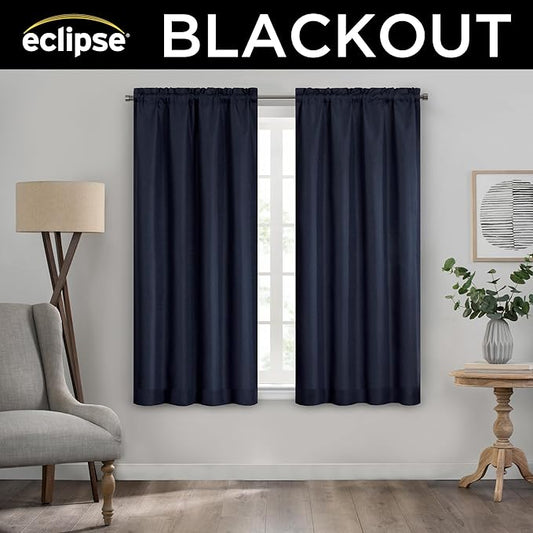 Eclipse Kendall Textured Blackout Thermal Rod Pocket Window Curtain, Insulating & Noise Reducing Curtains for Bedroom or Living Room (1 Panel), 63 in Long x 42 in Wide, Indigo
