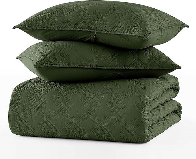 WDCOZY 100% Cotton King Size Quilt Set - Olive Green Pre-Washed Soft Lightweight Modern Bedspread, Farmhouse Country Rustic Coverlet, Textured Like Linen, Shabby Chic Gauze Bedding, 3 Pieces