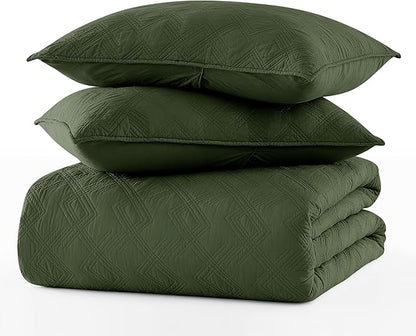 WDCOZY 100% Cotton Twin Size Quilt Set - Olive Green Pre-Washed Soft Lightweight Modern Bedspread, Farmhouse Country Rustic Coverlet, Textured Like Linen, Shabby Chic Gauze Bedding, 2 Pieces