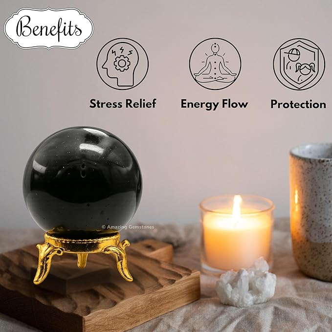 Amazing Gemstone Black Tourmaline Crystal Ball with Stand - 1.5" Inches Crystal Sphere Meditation Balls for Witchcraft and Decorative Balls