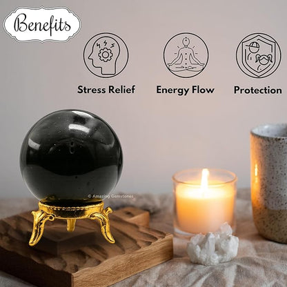 Amazing Gemstone Black Tourmaline Crystal Ball with Stand - 1.5" Inches Crystal Sphere Meditation Balls for Witchcraft and Decorative Balls