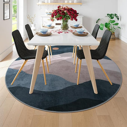 Abstract Round Rugs for Living Room, Circlr Area Rug for Bedroom 8ft Non Slip Washable Dining Room Rug, Mountain Soft Circular Carpet for Nursery Classroom Playroom(Blue)