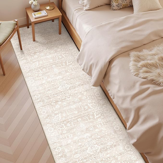 Washable Runner Rug, 2.5'x8' Runners Vintage Kitchen Non-Slip Foldable Hallway Runner Rug for Entryway, Laundry, Bedroom, Beige