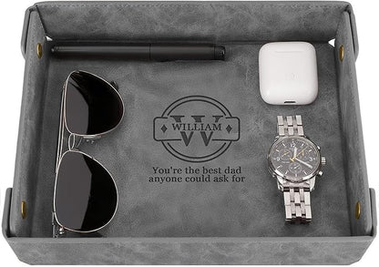 Engraved Father’s Day Leather Valet Tray – Personalized Leather Catch All with Custom Name – Men’s Valet Tray Organizer for Keys, Watches, and Jewelry – Unique Dad Gift from Daughter or Son - Grey