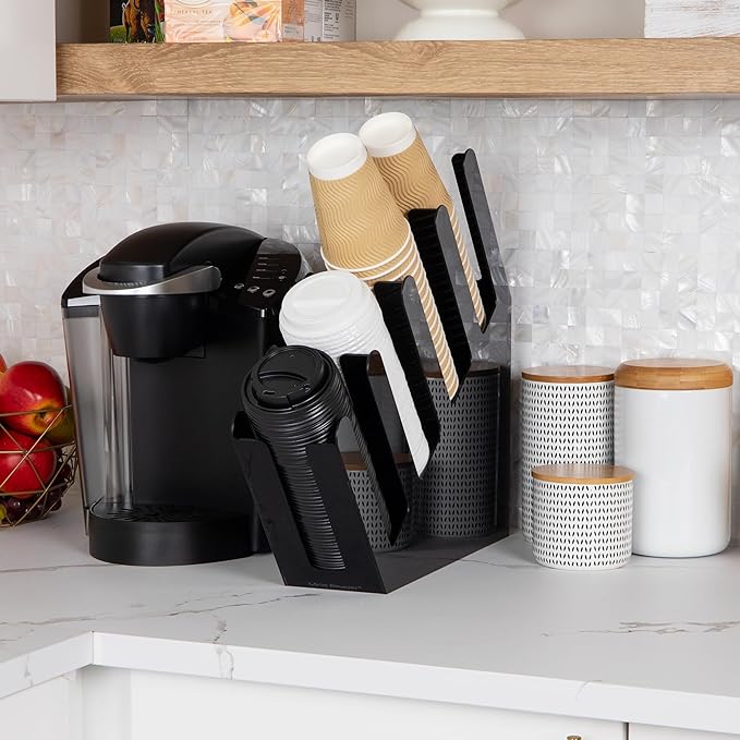 Mind Reader Cup and Lid Dispenser, Countertop Org, Coffee Bar, Beverage Cup, Kitchen, Breakroom, 4"L x 18"W x 16"H, Black