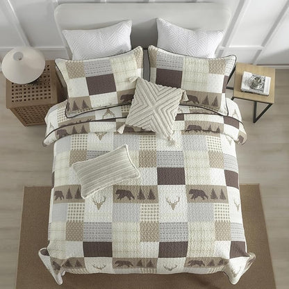 Quilts Queen Size, Quilt Bedding Set Bedspread, 100% Cotton Farmhouse Rustic for Bed, Reversible Lightweight Comforter Bed Spread with Wildlife Patterns, Cream/Brown/Gray, Queen(90/''x98/'')