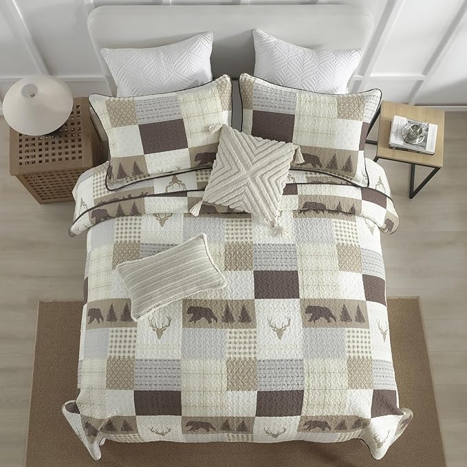 Quilts King Size, King Quilt Bedding Set Bedspread, 100% Cotton Farmhouse Rustic Quilt for King Bed, Reversible Lightweight Comforter Bed Spread with Wildlife Patterns, Cream/Brown/Gray