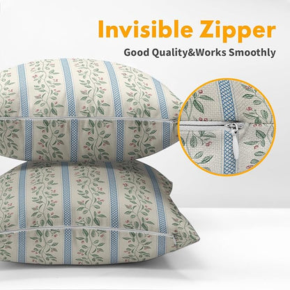 Vintage Floral Pillow Covers 24x24 Set of 2 Striped Boho Decor Blue Green Pillowcases Summer Printed Grand Millenial Throw Pillow Covers with Zipper Soft Cozy for Sofa Bed Chair Home Decoration
