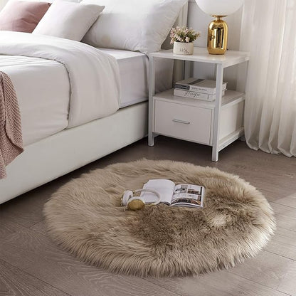 SERISSA Ultra Soft Round Faux Sheepskin Fur Area Rug Beige Circular Shaggy Rug Round Fluffy Area Rugs Plush Circle Floor Carpet Mat for Bedroom Living Room Floor Decor, 3ft Diameter (Beige)