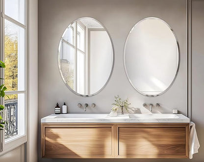 Frameless Oval Wall Mirror: Decorative Elliptical Mirrored Glass Vanity with Beveled Silver Edge for Bathroom Bedroom Livingroom Dining Room Entryway Hallway, 32 x 24 inch