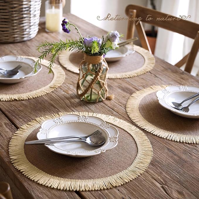 FunWheat 15 Inch Round Jute Placemats Set of 12, Braided Burlap Table Mats for Dining Table, Heat Resistant Farmhouse Woven Placemats for Fall Farmhouse Decor (Coarse-Edged Sunflower)