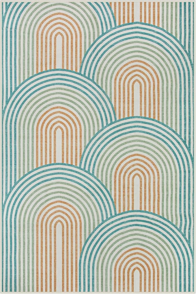 Moynesa Abstract Rainbow Washable 4x6 Rug, Ultra-Thin Soft Boho Area Rug for Playroom Bedroom Non Slip, Mid Century Modern Colored Orange Green Indoor Carpet for Living Room Office Kitchen