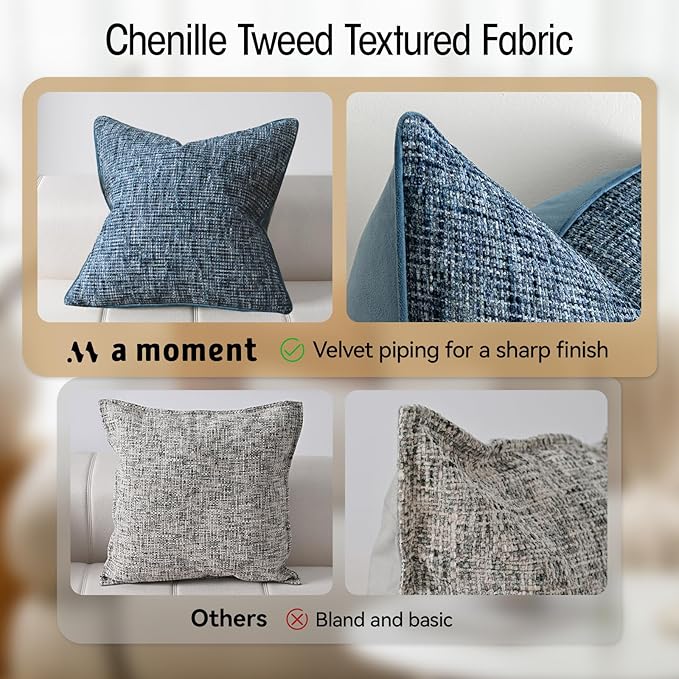 a moment Blue Reversible Pillow Covers 2 Pack - Farmhouse Chenille Throw Pillows, Neutral Textured Decorative Throw Pillow Covers with Border for Couch Sofa Bed (12x20 Inch, No Insert)