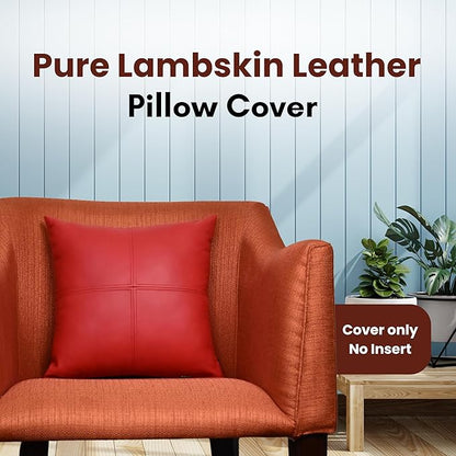 LL LEATHER LOVERS Lambskin Leather Pillow Cover, Hand Panel Stitched Leather Decorative Throw Pillow Covers for Couch Sofa Bed Living Room Garden (14x14 Inches, Cherry Red Pack of 1)