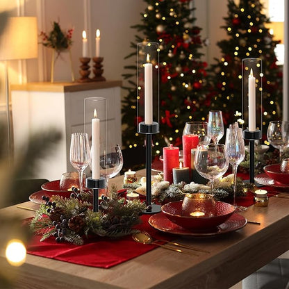 Black Hurricane Glass Candle Holders Set of 6, Tall Metal Taper Candle Stick Holder, Clear Candlestick Holders, Table Centerpieces Decor for Dining Dinner, Weddings, Christmas Fireplace Decorations