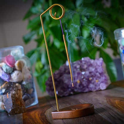 Curawood Incense Holder for Sticks - 11.4" Tall Reverse Style Incense Burner Holder with Mess Free Ash Catcher Tray - Modern & Minimalist Design Incense Sticks Holder with Brass & Walnut Wood Elements