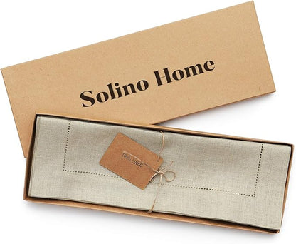 Solino Home Linen Placemats Set of 4 - Classic Hemstitch Natural Placemats 14 x 19 Inch - 100% Pure Linen Table Mats for Holiday, New Year