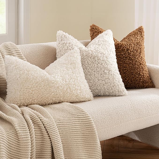 MIULEE Pack of 2 Faux Fur Throw Pillow Covers 20x20 Inch Neutral Light Beige Boucle Decorative Sherpa Pillow Covers Fuzzy Accent Soft Sheepskin Fleece for Boho Home Decor Couch Living Room Bed