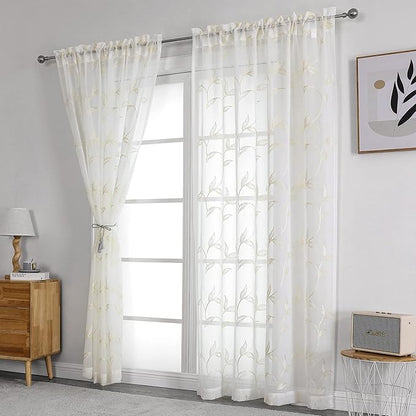 VISIONTEX Sheer Curtains 63 Inch Length 2 Panels Set Cream Beige Embroidered Floral Leaf Pattern Rod Pocket Semi Sheer Voile Window Curtains/Drapes for Bedroom Living Room 54 x 63 Inches