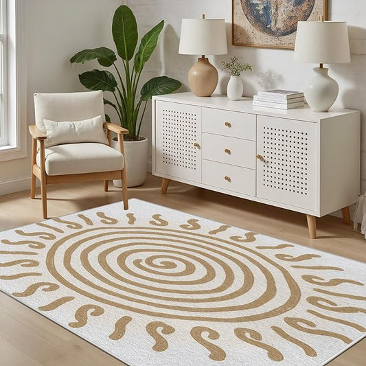 Boho Washable Rugs for Bedroom 8x10, Modern Sun Print Soft Minimalism Area Rug, Non Slip Low Pile Abstract Carpet for Classroom Living Room Decor Dining Room, Beige Yellow