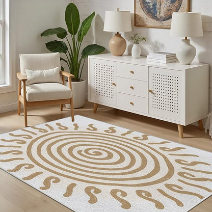 Boho Washable Rugs for Bedroom 3x5, Modern Sun Print Soft Minimalism Area Rug, Non Slip Low Pile Abstract Carpet for Classroom Living Room Decor Dining Room, Beige Yellow