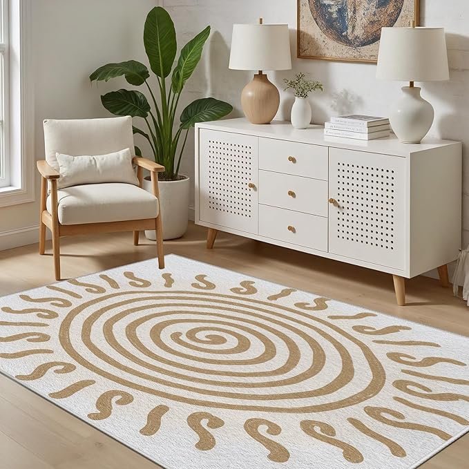 Boho Washable Rugs for Bedroom 5x7, Modern Sun Print Soft Minimalism Area Rug, Non Slip Low Pile Abstract Carpet for Classroom Living Room Decor Dining Room, Beige Yellow