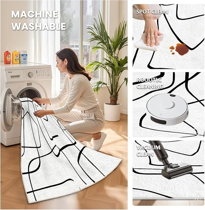 Black and White Rug - Abstract Area Rug, Black and White Rugs for Living Room, Modern Minimalist Washable Rugs, Contemporary Carpet Non Slip Home Decor, Curve 5x6