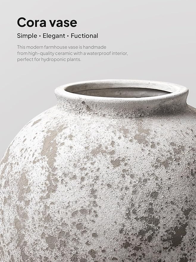 Large White Ceramic Vase - 9.8 Inch Rustic Farmhouse Vase for Home Decor,Grey