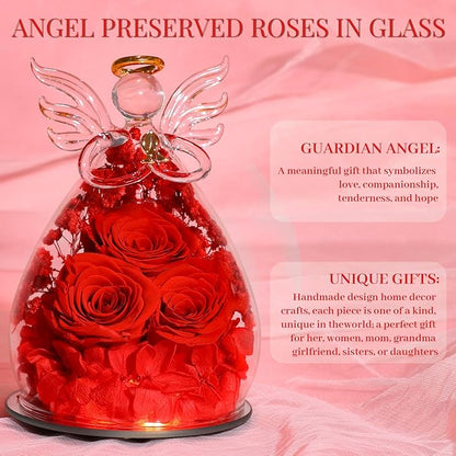 Beferr Valentines Day Rose Gifts for Her Women Mom Gifts for Birthday, Fresh Flowers for Delivery Prime Forever Preserved Rose in Glass Angel Figurine, for Grandma Wife Kids Daughter