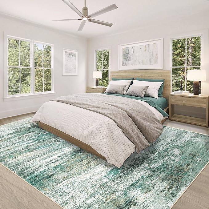 9x12 Area Rugs for Living Room, Washable Modern Abstract Large Area Rug Neutral Soft Non Slip Kids Rug Stain Resistant Indoor Carpet for Bedroom Dining Room Playroom Home Office(Green, 9'x12')