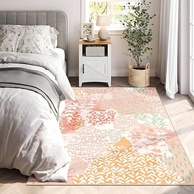 DEXDE Washable Area Rug 3x5 for Living Room, Abstract Small Boho Rugs Non Slip Soft Kids Room,Vintage Leaves Floral Carpet for Bedroom Entryway Kitchen Office Dining Room, Pink