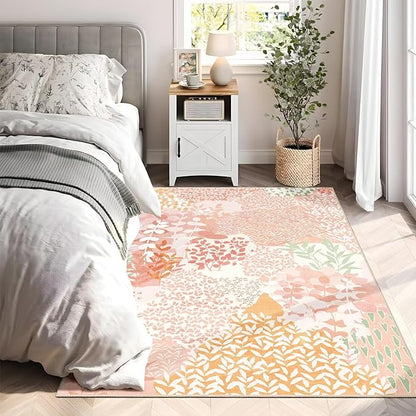 DEXDE Washable Area Rug 3x5 for Living Room, Abstract Small Boho Rugs Non Slip Soft Kids Room,Vintage Leaves Floral Carpet for Bedroom Entryway Kitchen Office Dining Room, Pink