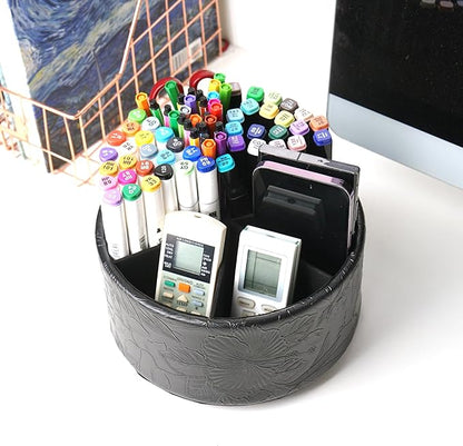 lizimandu Remote Control Holder, 360°Spinning PU Leather Desk TV Remote Caddy,Desk Storage Box Room Accessories for Controller, Media,Mail,Calculator, Mobile Phone,Pencil(1B-Carved Black)