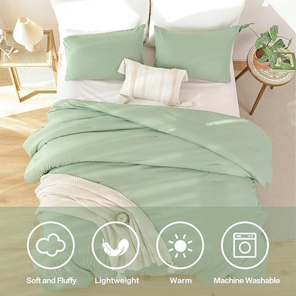 ROSGONIA Queen Comforter Set Sage Green, 3pcs Bedding Sets Queen (1 Boho Sage Comforter& 2 Pillowcases), All Season Lightweight Blanket Quilt