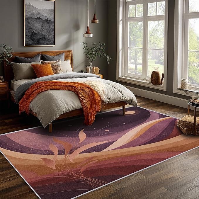 Boho Style Rug, 6x8 Area Rugs Abstract Textured Leaf Moon Pattern for Living Room, Bedroom, Boho Style Home Decor Accessories Indoor Carpet, Non Slip & Machine Washable