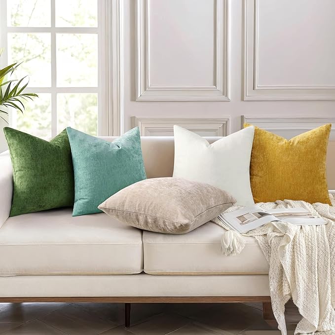 decorUhome Chenille Aqua Haze Spring Throw Pillow Covers 24x24 Inch Set of 2, Decorative Soft Couch Pillow Covers Solid Dyed Accent Farmhouse Neutral Square Pillow Cases for Sofa