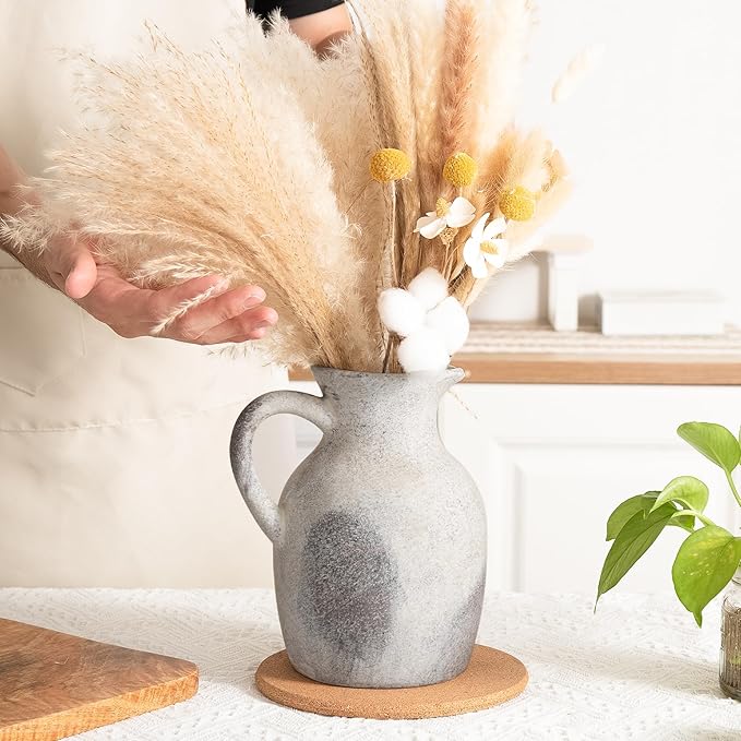 Ceramic Rustic Vase with Handle, Decorative Jug Pitcher, Terracotta Stone Vase for Decor Living Room, Vintage Home Decor, Natural